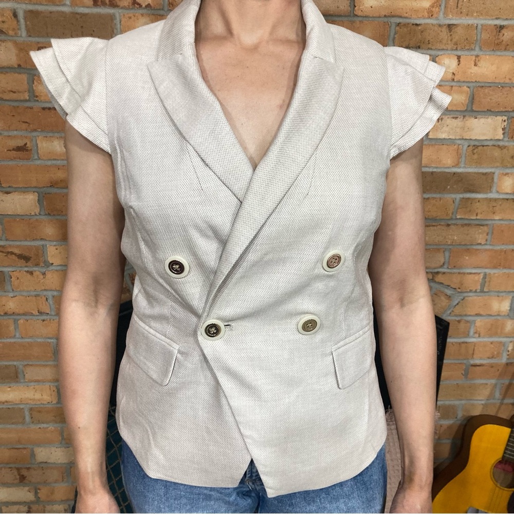 WHBM Double Breasted Cotton Linen Vest Flutter Flounce Sleeve  Beige Size 4